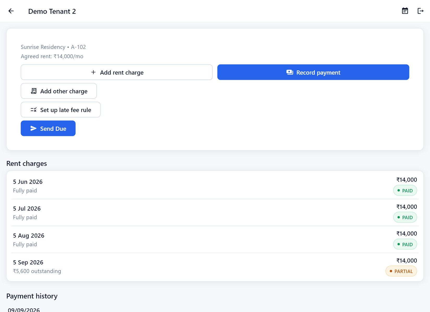 AIPropertyOS tenant rent page showing rent charges, payment status and actions such as Record payment (sample demo data)
