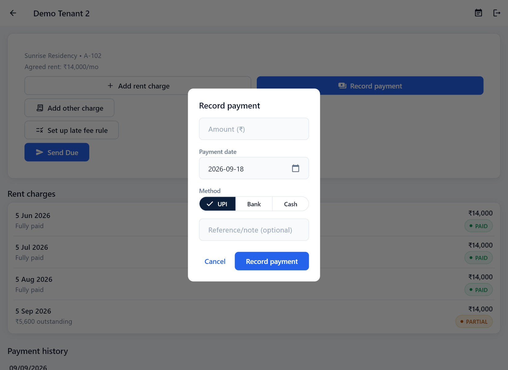 AIPropertyOS Record payment dialog with amount, date and payment method (sample demo data)